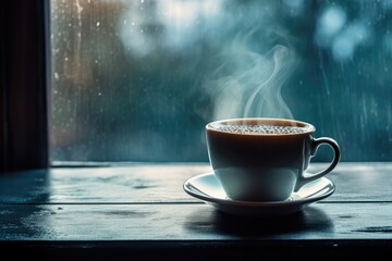 Rainy day window with steaming coffee cup