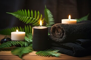 Spa treatment with candles and hot stone massage on wooden background