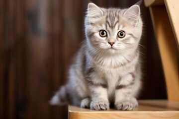 Studio photo of a cute young striped kitten on a wooden stool