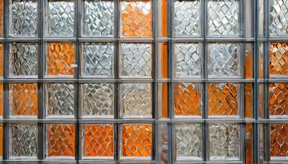 a glass window with an exterior pattern of orange and silver squares. Pay attention to the transparency of the glass and the details of the square