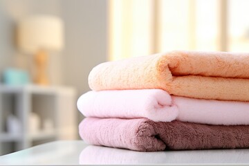 There is a pile of plush bath towels resting on a table with a gently blurred background There is also plenty of room available for any accompanying text or messages