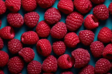 A vibrant arrangement of raspberry patterns against a blue backdrop, captured from a bird's eye perspective.
