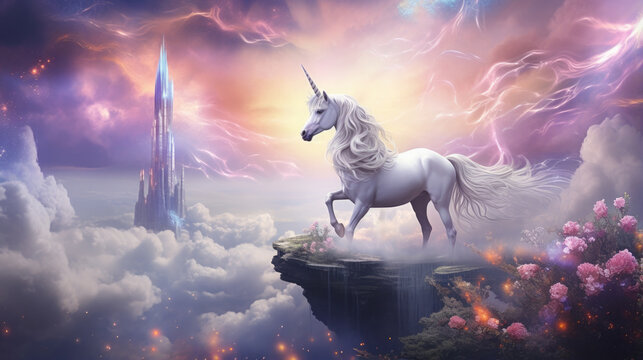 A unicorn stands on top of a cliff with clouds and lightning. Generative AI.