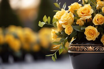 Text space available on the right side of a bright funeral scene focusing on a burial urn adorned with yellow roses