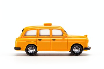 The image depicts a contemporary toy model of a yellow taxi car, presented alone against a white...