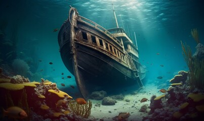 ship wreck in the sea. Pirate boat under the ocean. Decaying remains with coral reefs and masts, Generative AI  - Powered by Adobe