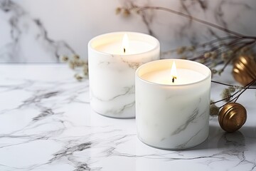 Soy candles burn on white marble table text space available - obrazy, fototapety, plakaty