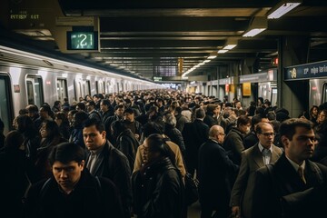 Crowded subway station during the morning rush hour in the business district, Generative AI