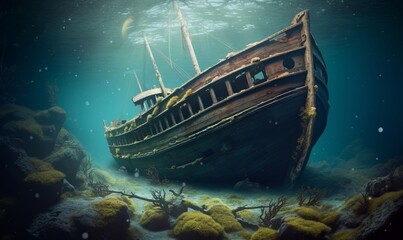 ship wreck in the sea. Pirate boat under the ocean. Decaying remains with coral reefs and masts, Generative AI 