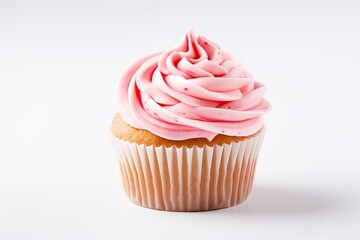 Strawberry frosting swirls on a cupcake white background shallow depth of field
