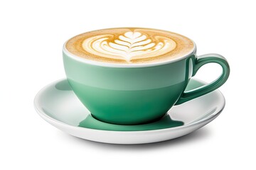 Hot latte coffee with latte art in a green cup and saucer on a white background with clipping path Image stacking techniques