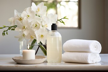 Fototapeta na wymiar A calm and serene spa-inspired arrangement that showcases bath salt, a bottle of fragrant jasmine oil