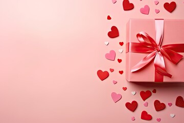 Valentine s Day web banner featuring pink gift box red bow hearts on pink background viewed from above