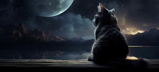 A cat sitting gracefully against a backdrop of a large full moon - obrazy, fototapety, plakaty