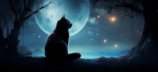 A cat sitting gracefully against a backdrop of a large full moon