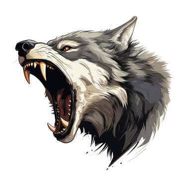 Side Profile of Head of a Wolf with Mouth Open Showing Teeth Roaring and Howling No Background