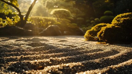 The warm rays of the sun shining down on a Zen garden.