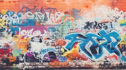 Closeup of a weathered brick wall with patches of modern graffiti art.