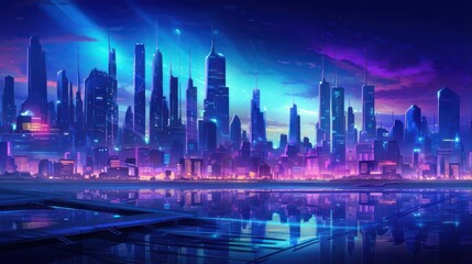 Fototapeta na wymiar Fictional illustration of an advanced future smart city view, with skyscrapers, purplish blue light