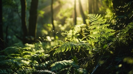 Sunlight filtering through ferns, casting a dreamy green glow on the forest floor.