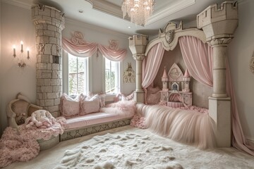 Luxurious bedroom for girl, designed as a fairytale castle, complete with stone turret accents, soft pink drapery, and castle-shaped bed with plush bedding and pillows