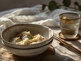 Chinese dumplings in a bowl on a table with a cup of tea