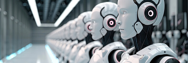 Row of robots in call center working as operators answering customer calls. technology