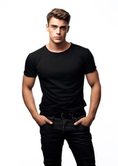 Fototapeta premium young male model in a black t-shirt on a white background