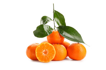 Fresh tangerines with green leaves on white background
