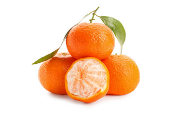 Fresh tangerines with green leaves on white background