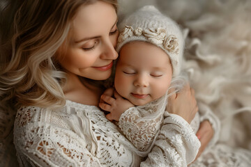 A woman holding a newborn charming baby in her arms with love and tenderness.