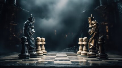 illustration of a chess game, with dark cinematic light. - obrazy, fototapety, plakaty