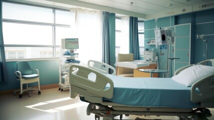 Clinic interior view of hospital examination room, with bed and medical equipment.