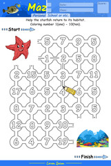 Alphabet Maze Game learning number 1 to 10 with starfish cartoon