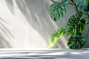 Green monstera in sunlight, leaf shadow on white outdoor wall in background