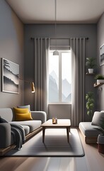 Living room with grey mural, Generative AI