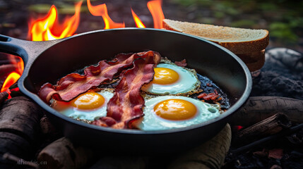 Fototapeta premium Camping breakfast with bacon and eggs in a cast iron skillet. Fried eggs with bacon in a pan in the forest. Food at the camp. Scrambled eggs with bacon on fire. Picnic