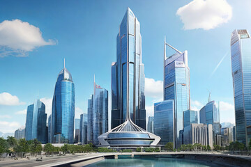 Naklejka premium Dazzling Financial Hub. Cityscape with iconic business buildings and banking institutions. A vibrant representation of economic prowess and urban success.