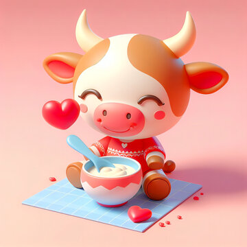 Beb&eacute; vaca divertida sonriente, comiendo con coraz&oacute;n
