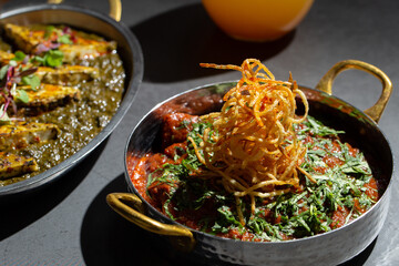 Curry, saag paneer and mango drink