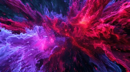 The intense energy of neon red and purple particles colliding and exploding creating a mesmerizing display of abstract art