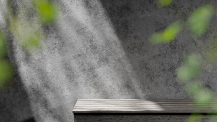 A background rich in shading that you can use in your designs. Textured walls and podium with sunlight shining through. 3d rendering.