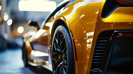 Detailed View of Shiny Alloy Wheel on Glossy Yellow Sports Car under Natural Light