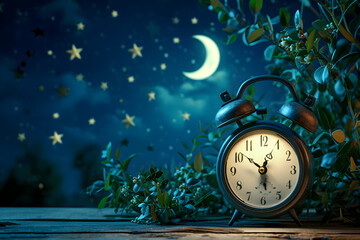 Alarm clock with moon and star at night.	