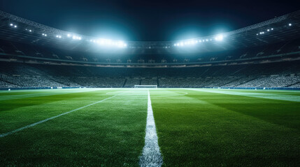 stadium lights,  Football stadium arena for match with spotlight. Soccer sport background, green grass field for competition champion match.  - obrazy, fototapety, plakaty