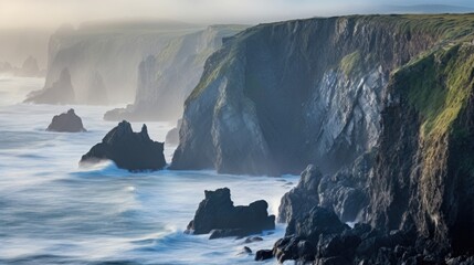 As the fog settles in, it creates a surreal backdrop for the rugged cliffs and crashing waves of...