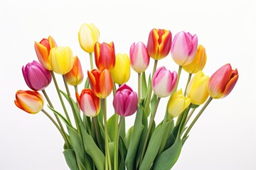 Fototapeta premium A simple composition with bright tulips on a white background, highlighting their beauty and freshness