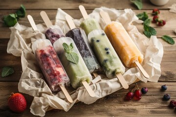 Assorted popsicles wrapped in parchment paper. Generative AI