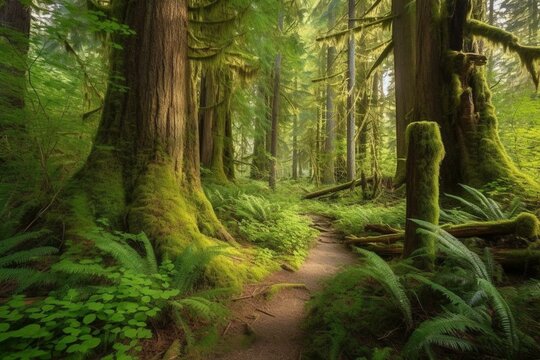 A beautiful natural landscape with lush trees and peaceful atmosphere in Eden Grove, Port Renfrew, Vancouver Island, British Columbia, Canada. Generative AI