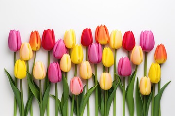 A group of multicolored tulips with distinct red, pink, yellow, and white hues on a light background